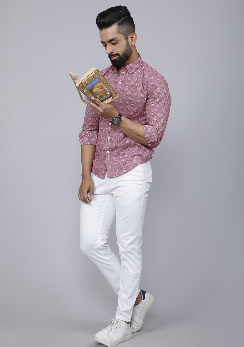 Pink Printed Cotton Shirt For Men