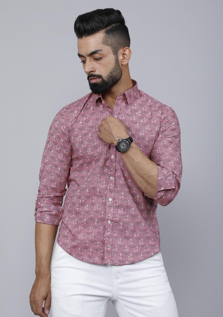 Pink Printed Cotton Shirt For Men