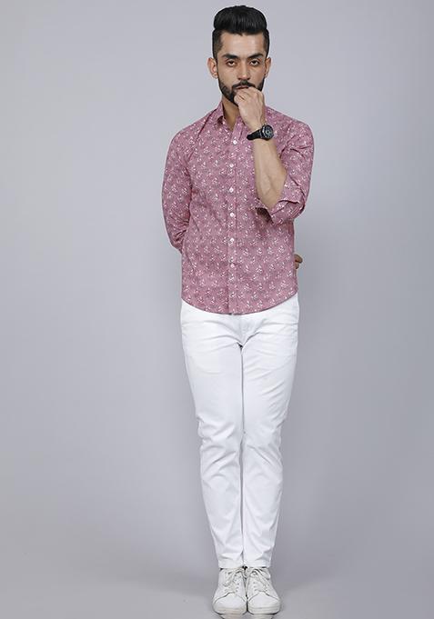 Pink Printed Cotton Shirt For Men