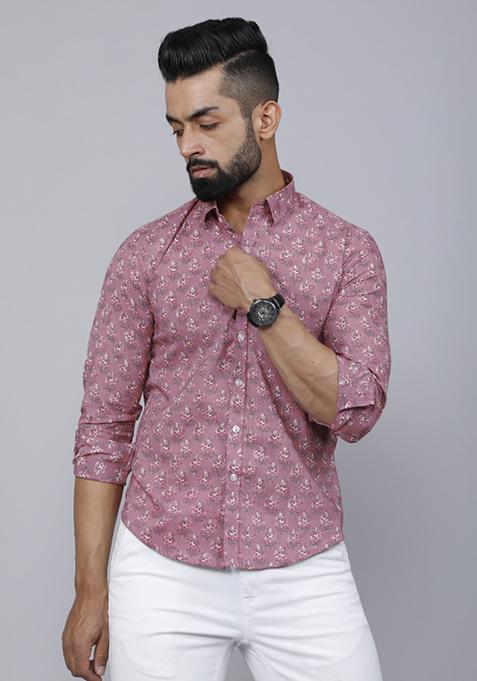 Pink Printed Cotton Shirt For Men