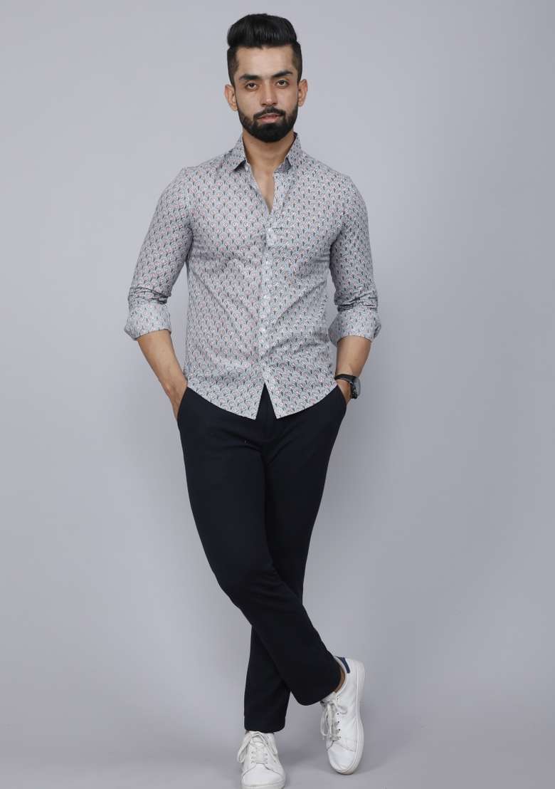 Grey Printed Cotton Shirt For Men - Indya