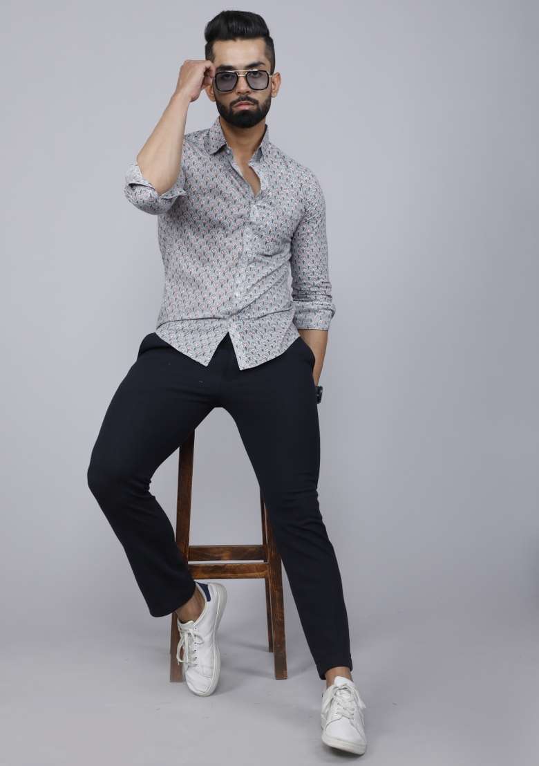 Grey Printed Cotton Shirt For Men - Indya