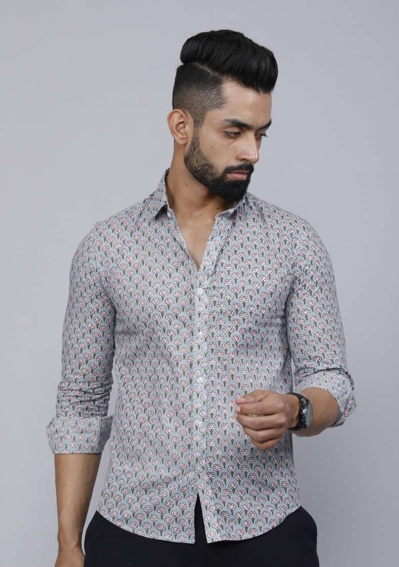 Grey Printed Cotton Shirt For Men - Indya