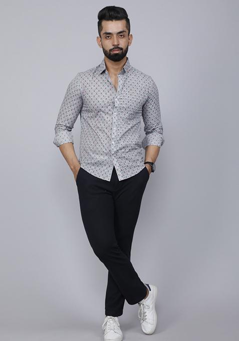 Grey Printed Cotton Shirt For Men
