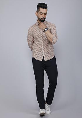 Beige Printed Cotton Shirt For Men