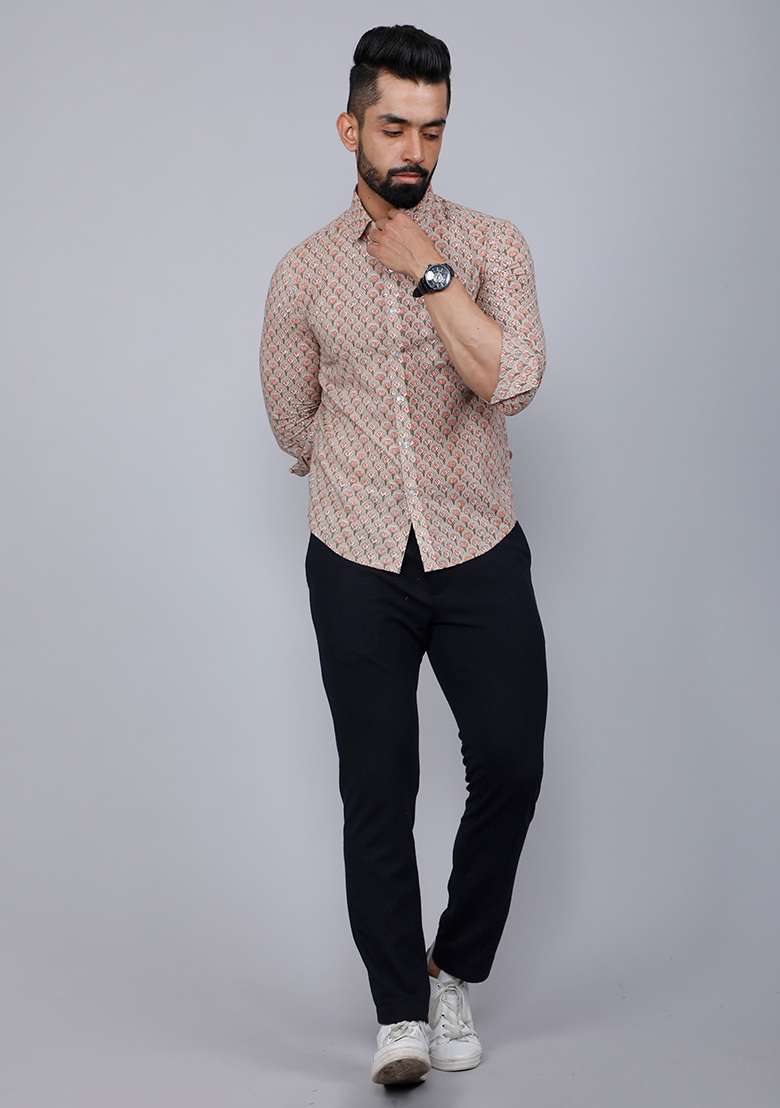 Beige Printed Cotton Shirt For Men - Indya
