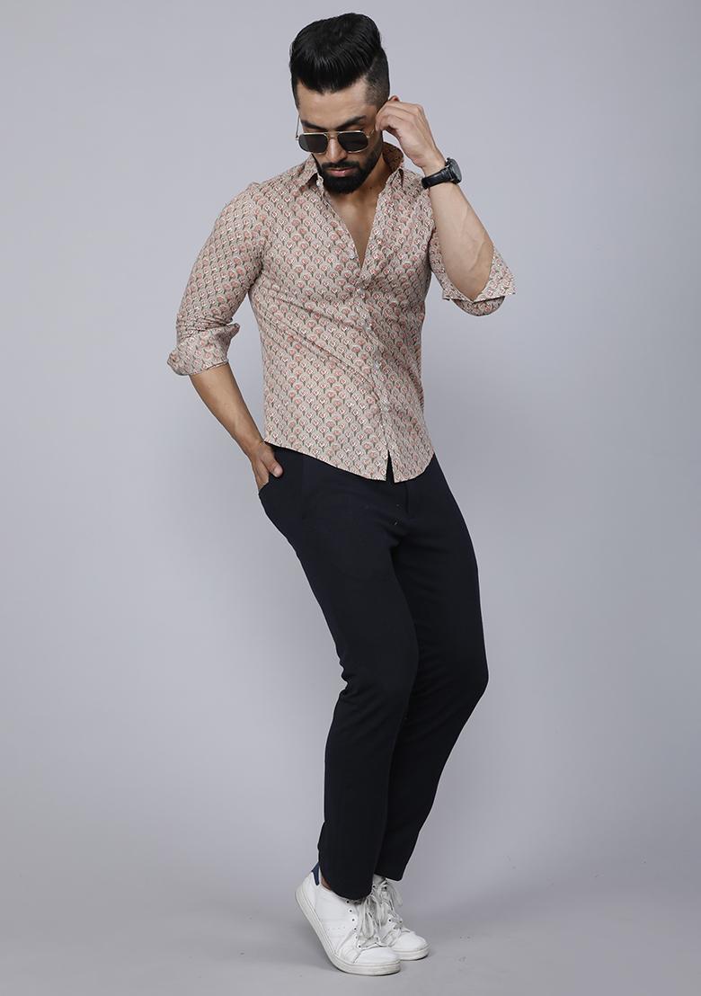 Beige Printed Cotton Shirt For Men - Indya