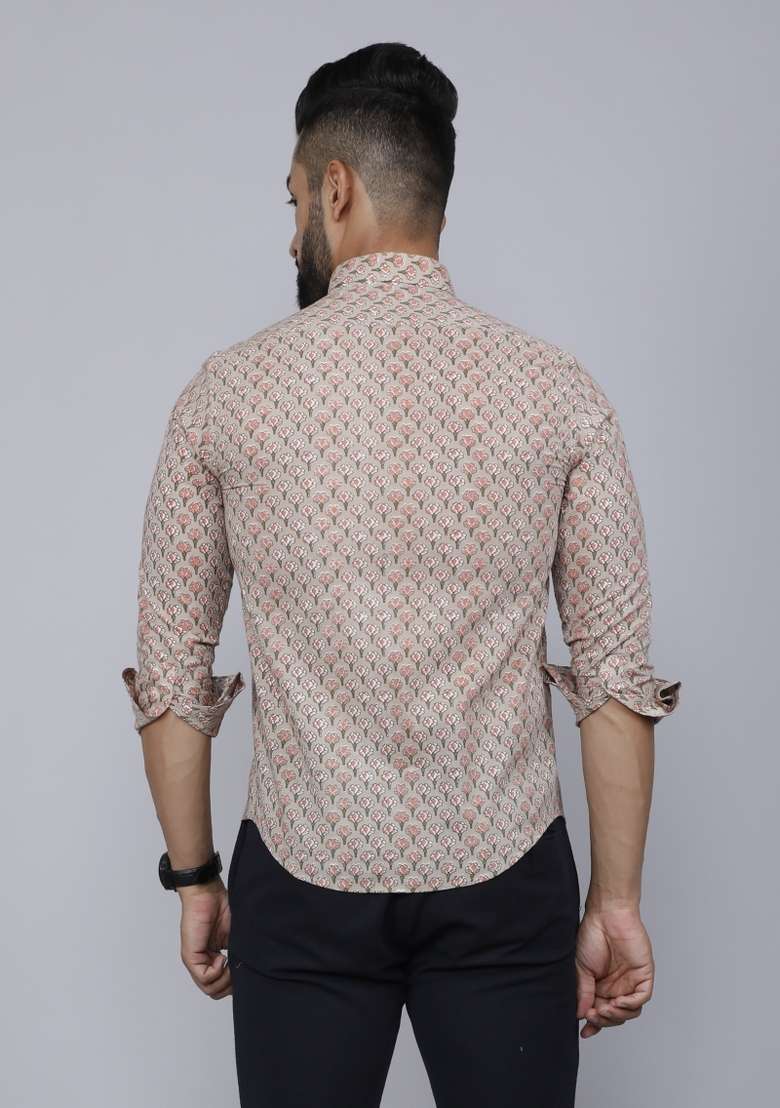 Beige Printed Cotton Shirt For Men - Indya