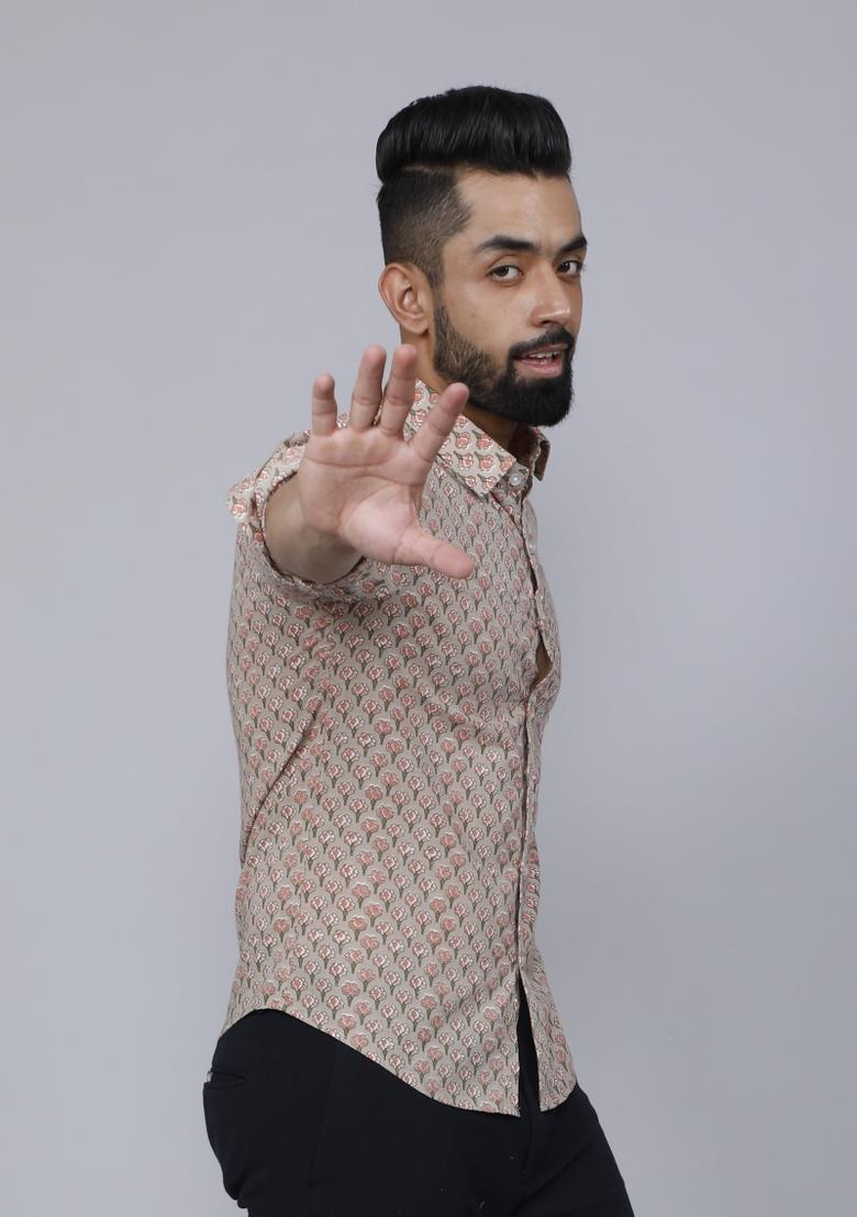 Beige Printed Cotton Shirt For Men - Indya