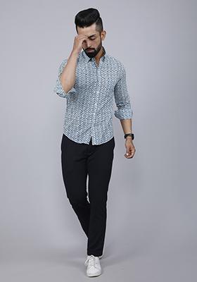 Blue Printed Cotton Shirt For Men