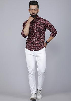Maroon Printed Cotton Shirt For Men