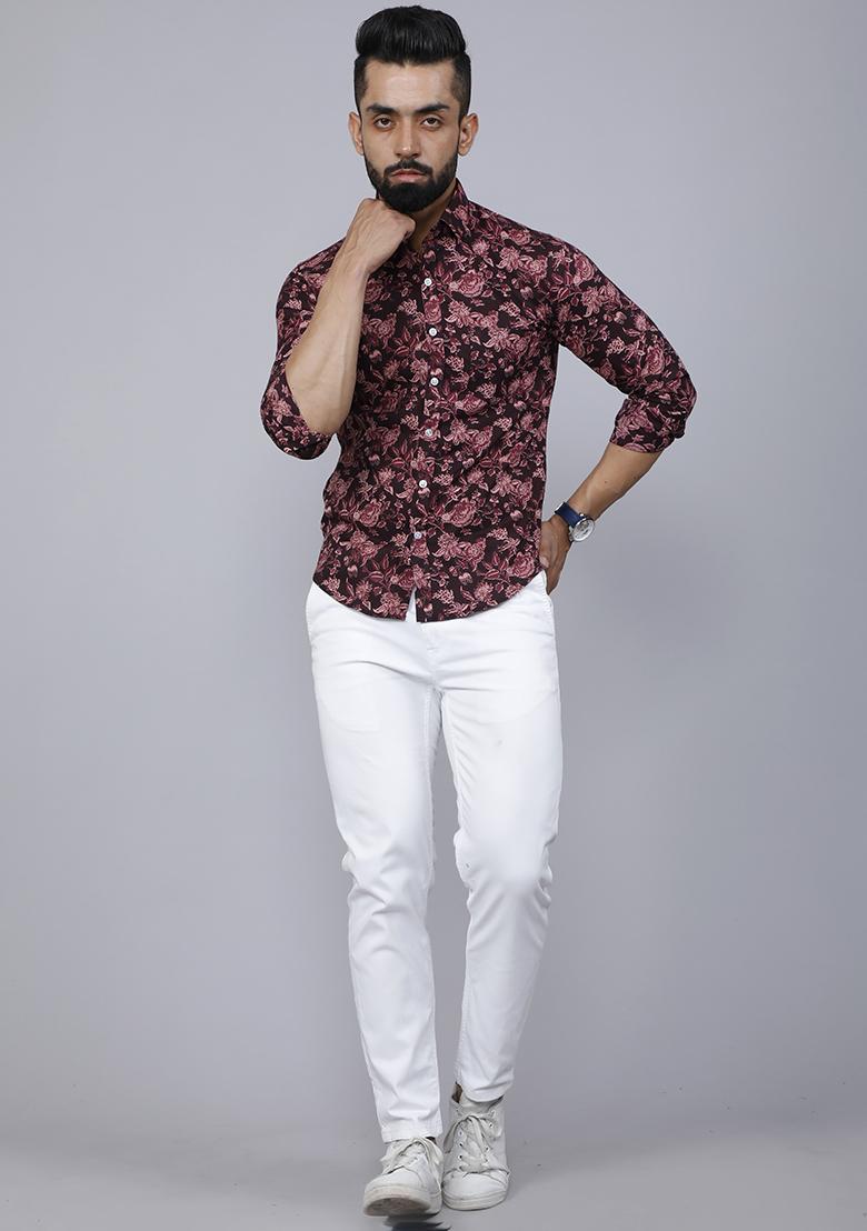 Maroon Printed Cotton Shirt For Men