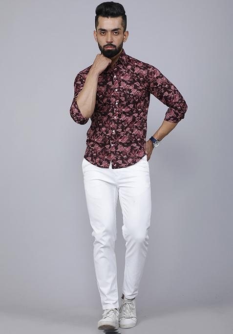 Maroon Printed Cotton Shirt For Men