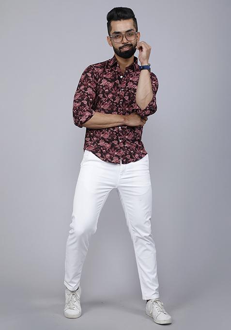 Maroon Printed Cotton Shirt For Men
