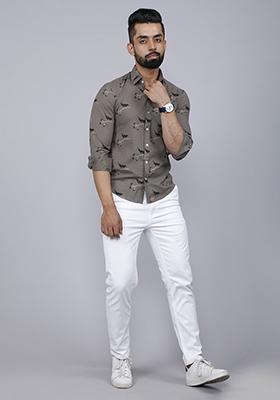 Grey Printed Cotton Shirt For Men