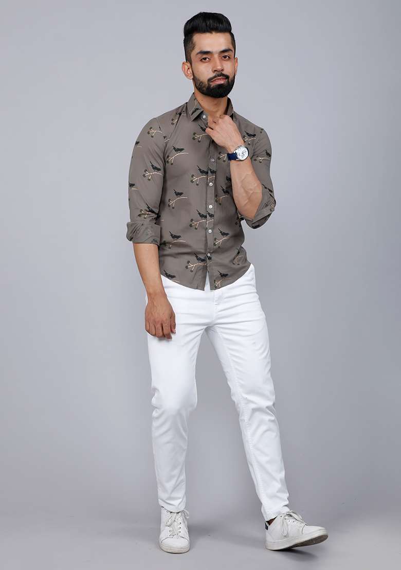 Grey Printed Cotton Shirt For Men - Indya