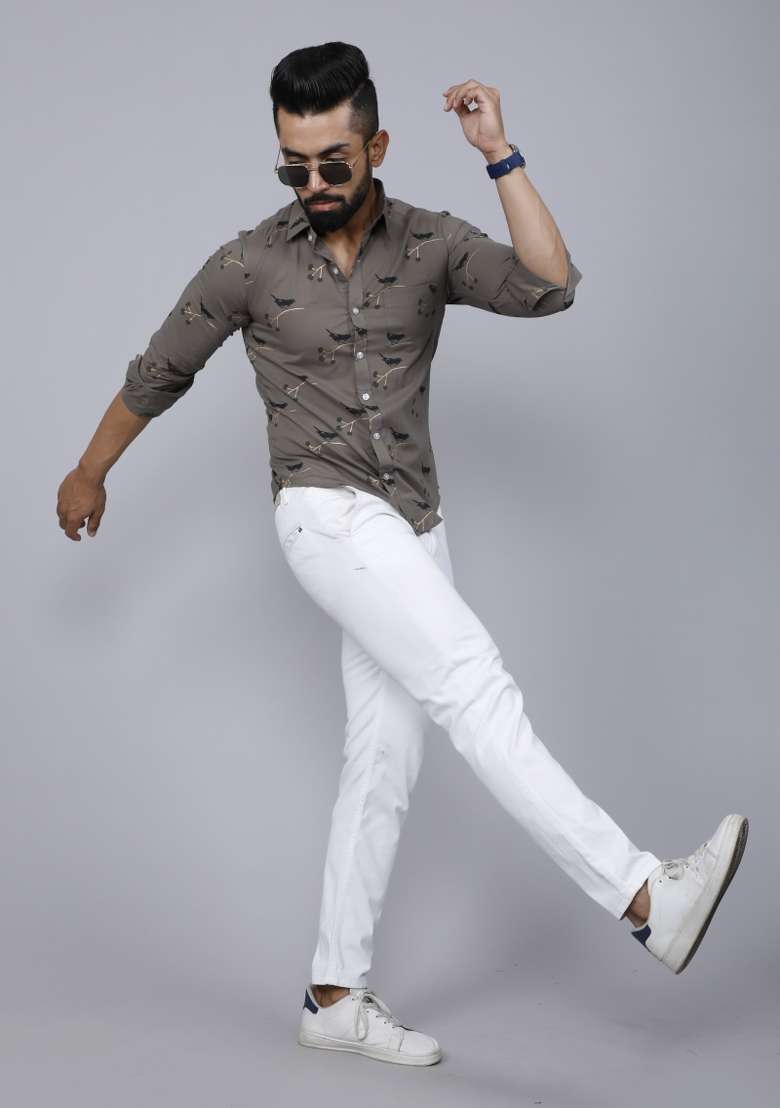 Grey Printed Cotton Shirt For Men - Indya