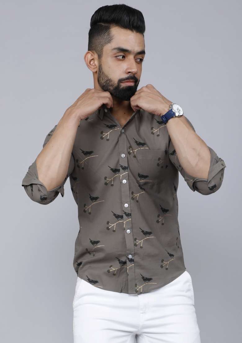Grey Printed Cotton Shirt For Men - Indya