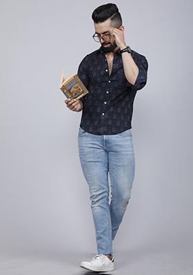 Indigo Blue Printed Cotton Shirt For Men