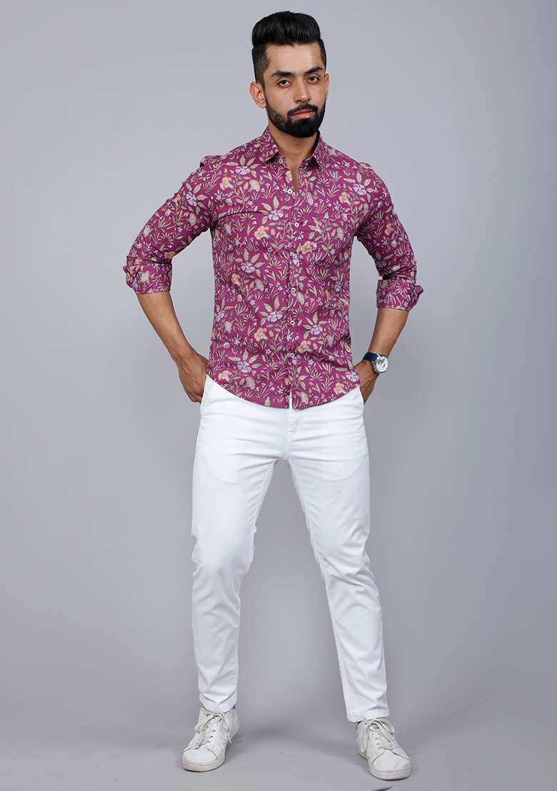 Purple Printed Cotton Shirt For Men - Indya