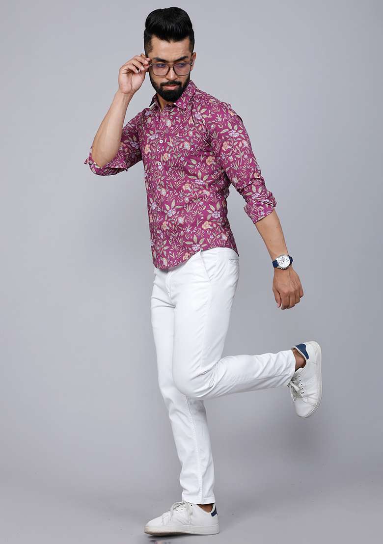 Purple Printed Cotton Shirt For Men - Indya