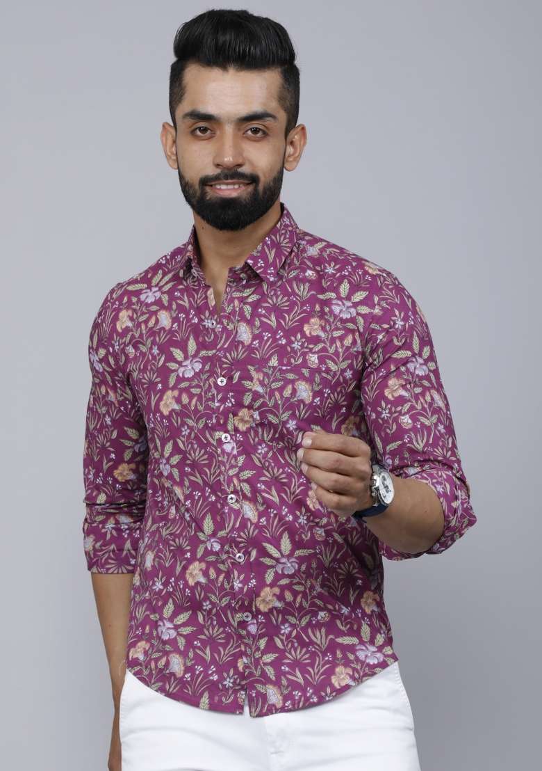 Purple Printed Cotton Shirt For Men - Indya