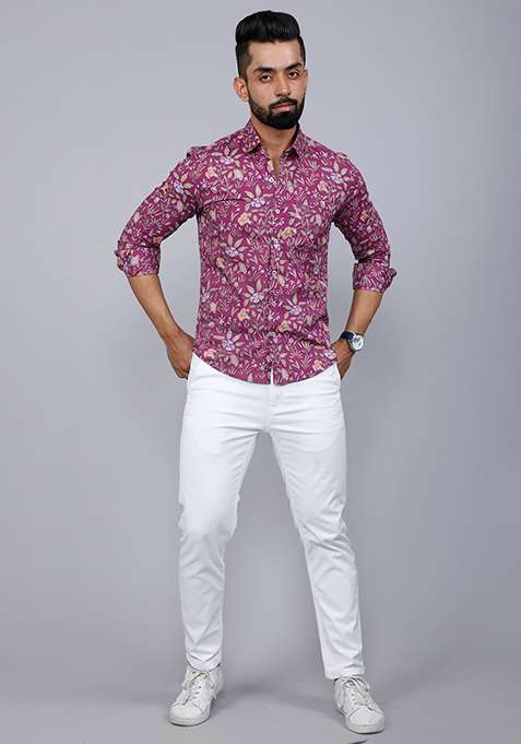 Purple Printed Cotton Shirt For Men