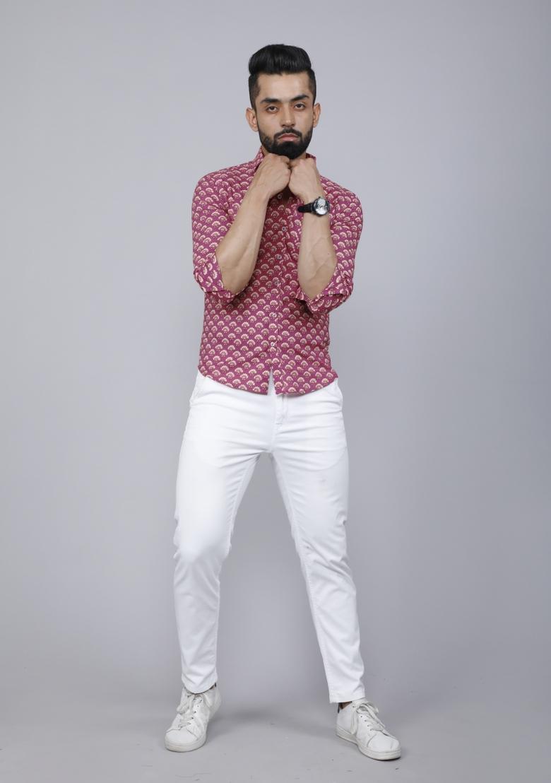 Pink Printed Cotton Shirt For Men