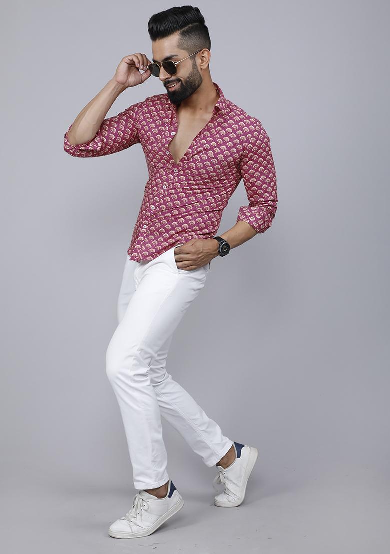 Pink Printed Cotton Shirt For Men