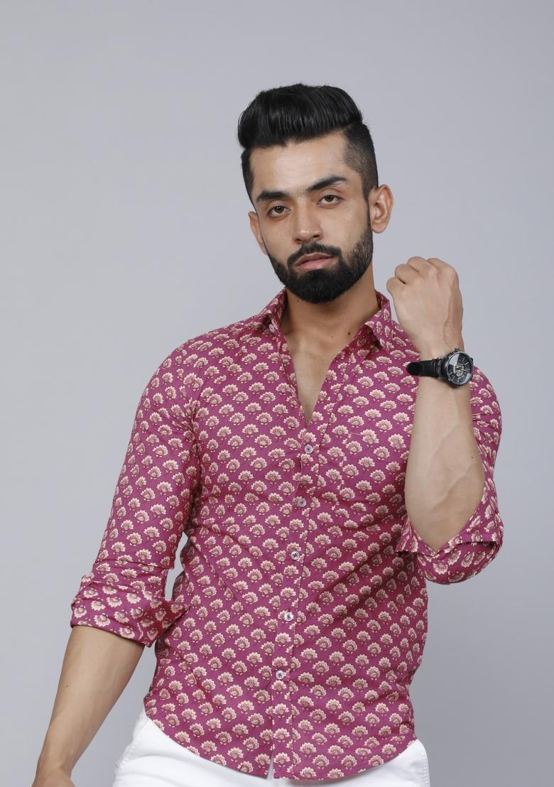 Pink Printed Cotton Shirt For Men