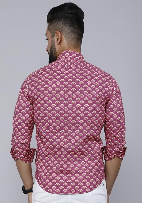 Pink Printed Cotton Shirt For Men