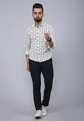 White Printed Cotton Shirt For Men
