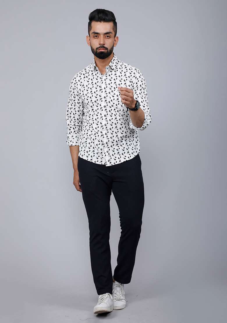 White Printed Cotton Shirt For Men - Indya