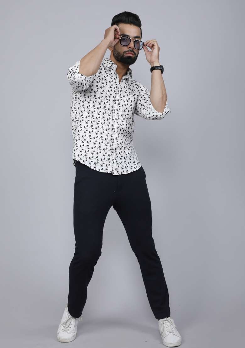 White Printed Cotton Shirt For Men - Indya