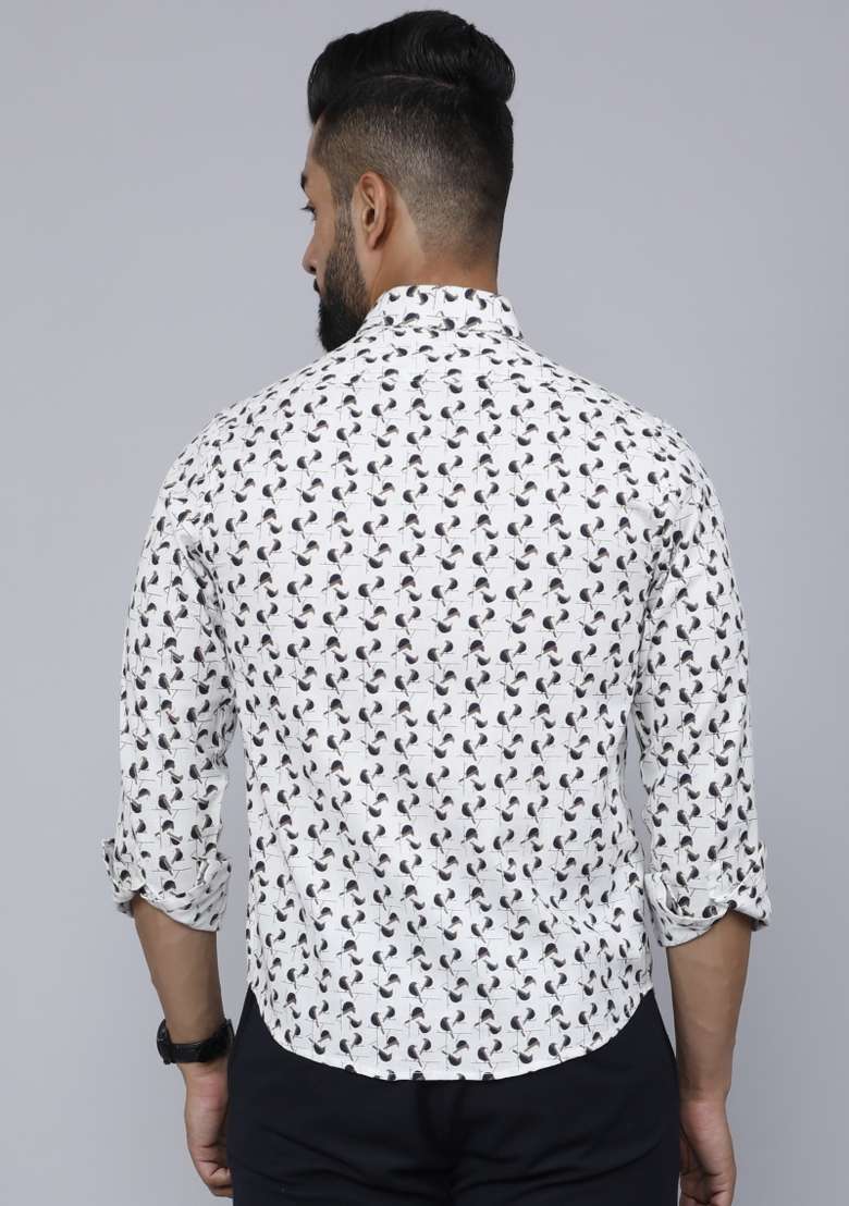 White Printed Cotton Shirt For Men - Indya