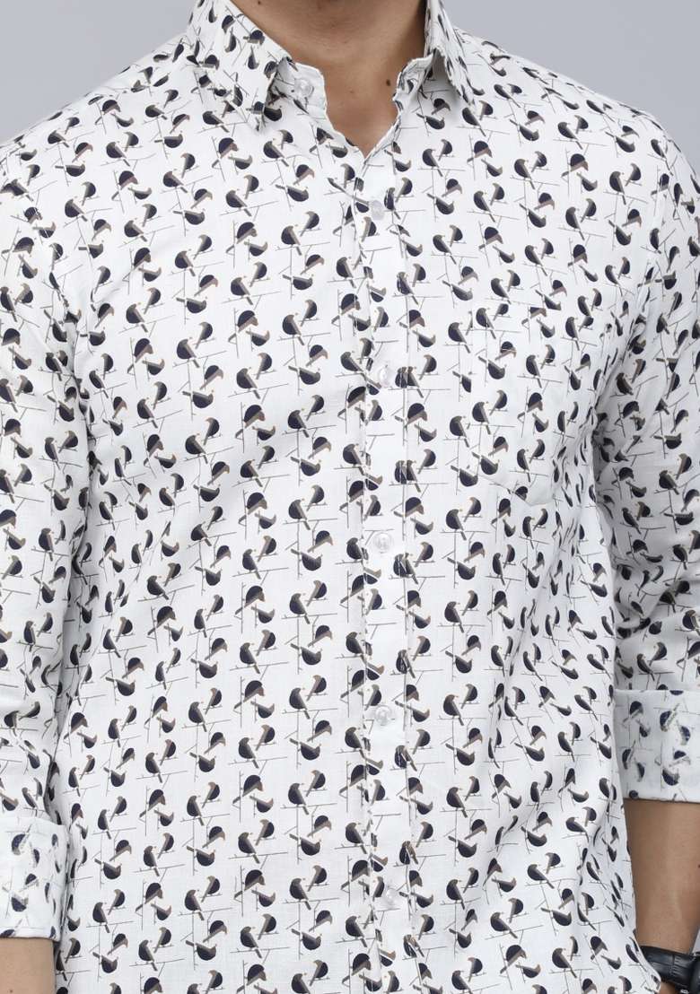 White Printed Cotton Shirt For Men - Indya