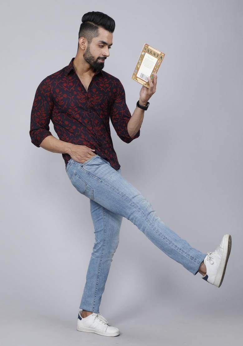 Maroon Printed Cotton Shirt For Men