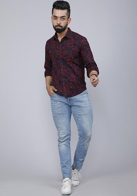 Maroon Printed Cotton Shirt For Men