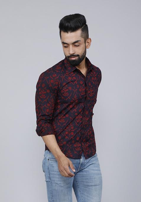 Maroon Printed Cotton Shirt For Men