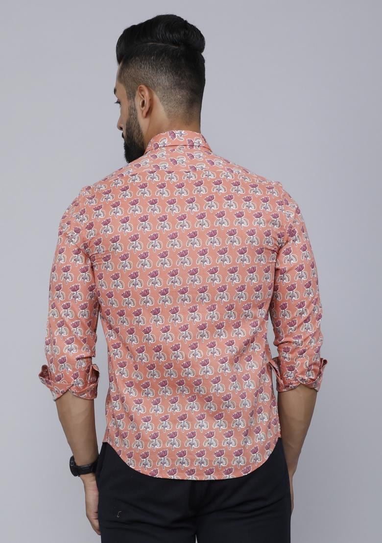 Peach Printed Cotton Shirt For Men