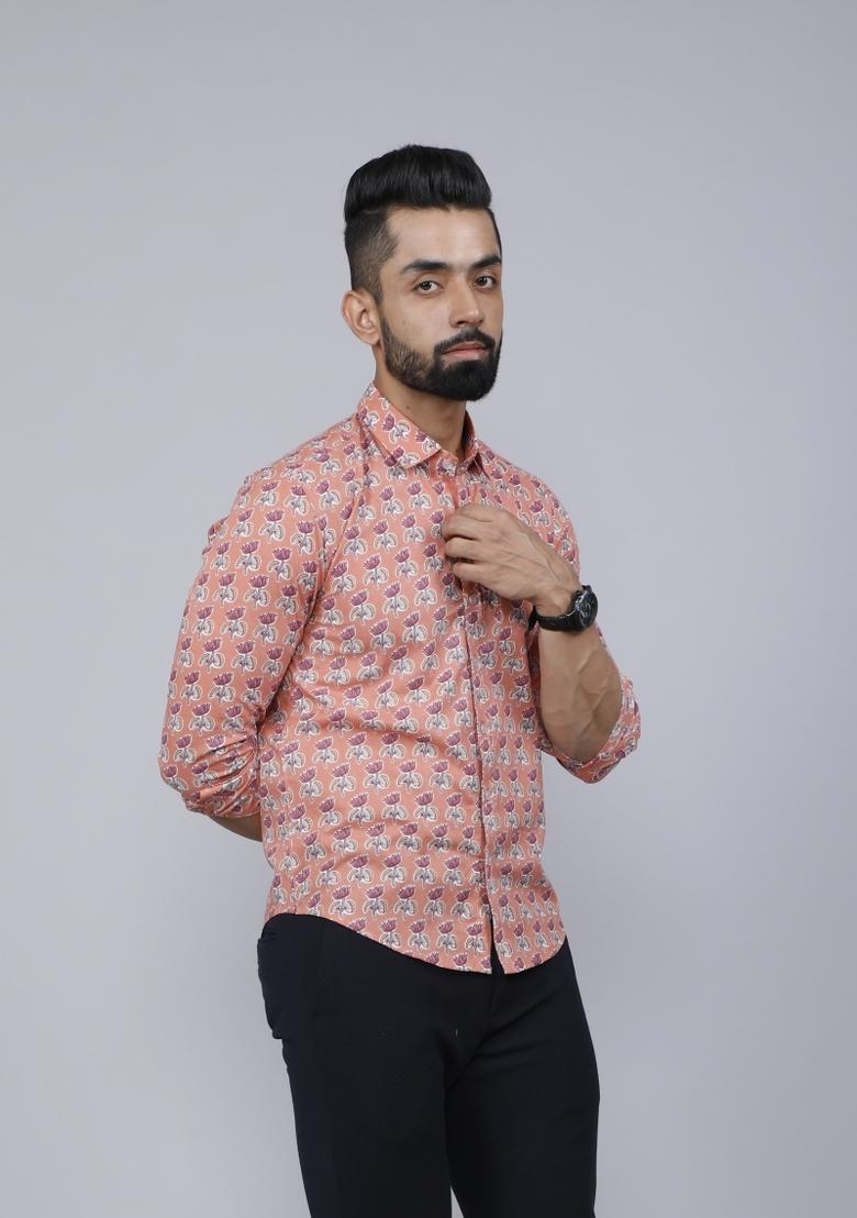 Peach Printed Cotton Shirt For Men