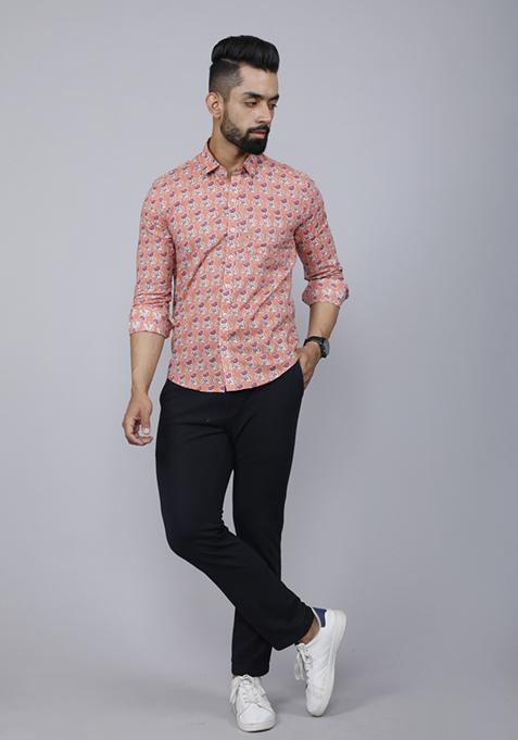 Peach Printed Cotton Shirt For Men