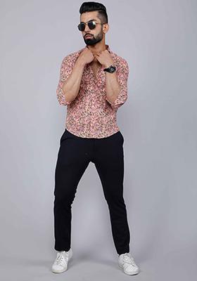 Orange Printed Cotton Shirt For Men