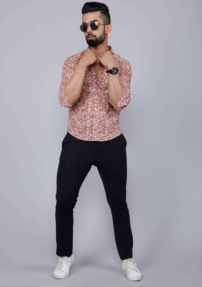 Orange Printed Cotton Shirt For Men - Indya