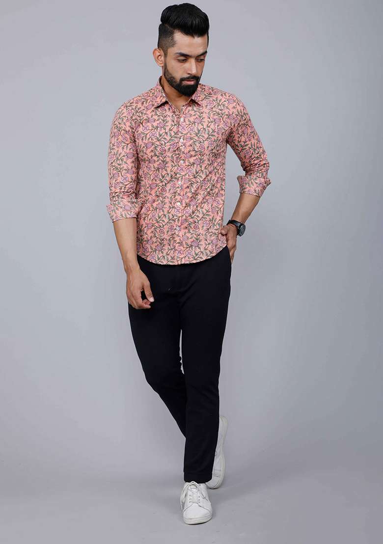 Orange Printed Cotton Shirt For Men - Indya