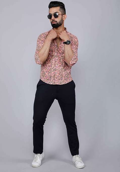 Orange Printed Cotton Shirt For Men