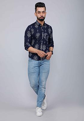 Blue Printed Cotton Shirt For Men