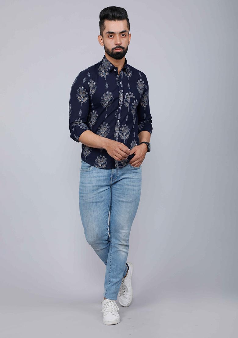 Blue Printed Cotton Shirt For Men