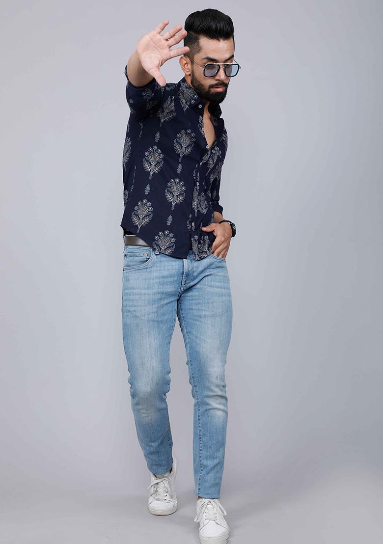 Blue Printed Cotton Shirt For Men
