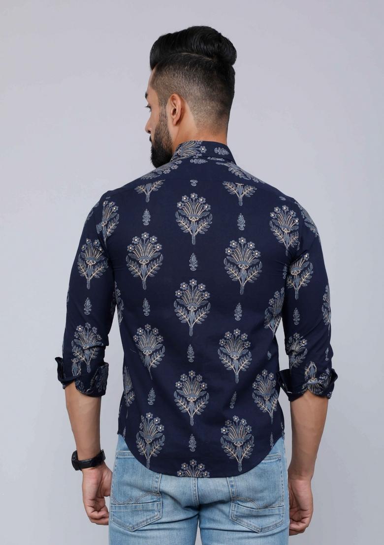 Blue Printed Cotton Shirt For Men